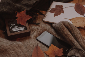 Mobile phone with headphones and perfume on the autumn sweaters
