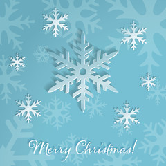 Fototapeta na wymiar Large snowflakes on the light blue background with falling snow. Merry Christmas or New Year card. Elegant and minimal background with snowflake silhouettes. Vector Illustration.
