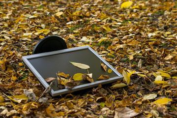 Monitor from the computer is lies on the autumn yellow foliage in the yard on the street