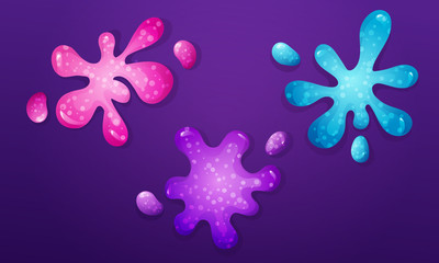 Set of splattered glitter slime with girly color isolated on purple background. Vector illustration.
