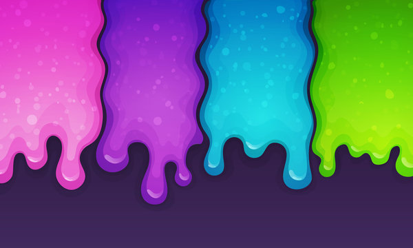 Dripping multicolored glitter slime on violet background. Pink, violet,blue, green colors. Vector illustration.