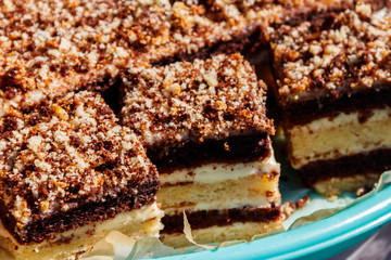 Tasty homemade layered cake close-up