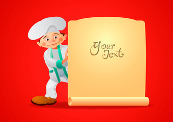 smiling boy in a chef suit, on a red background, holding a scroll with text.