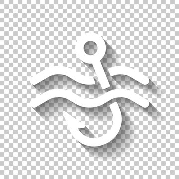 Fishing hook and water. Simple icon. White icon with shadow on t