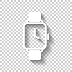 Hand smart watch with square display. Technology icon. White ico