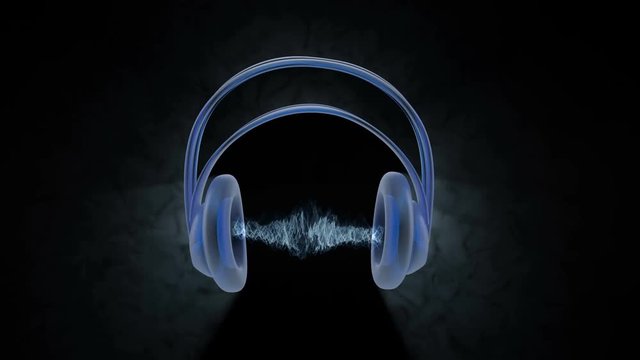 Holographic image of headphones with a sound wave between ear muffs.
Animation of moving waveform coming out headphones.