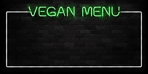 Vector realistic isolated neon sign of Vegan menu frame logo for decoration and covering on the wall background. Concept of vegetarian cafe and eco product.