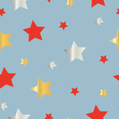 seamless pattern with orange, yellow and grey stars isolated on sky blue background
