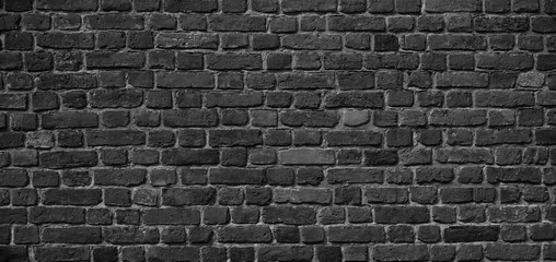Panoramic Old Grunge Black and White Brick Wall Background