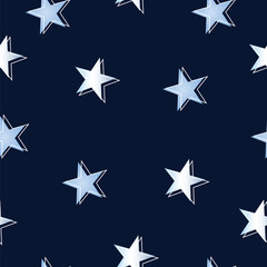 seamless pattern with blue and white stars isolated on dark blue background