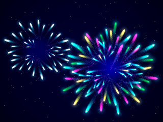 Two explosion fireworks on night sky. Vector illustration
