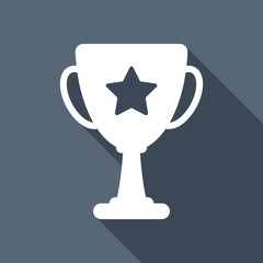 Champions cup with star. Simple icon. White flat icon with long