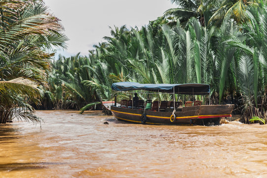 Muddy tropical waters surrounded by lush mangroves. Traditional boat ride along the canals through the Mekong River Delta in Vietnam. Suitable for backgrounds, copy space.