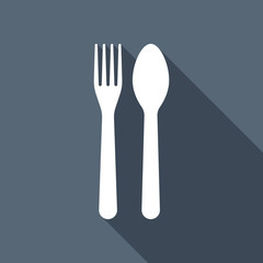 Fork and spoon, icon. Kitchen tools. White flat icon with long s