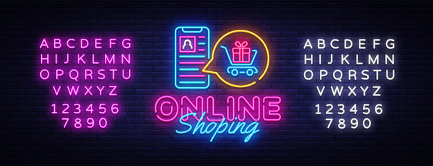 Online Shoping neon banner vector design template. Mobile paymentsneon logo, light banner design element colorful modern design trend, night bright advertising. Vector. Editing text neon sign