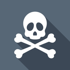 Skull and crossed bones. Simple icon. White flat icon with long