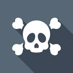Skull and crossed bones. Simple icon. White flat icon with long