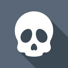 Simple skull icon. White flat icon with long shadow on backgroun