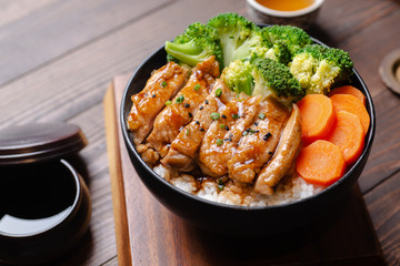 Japanese food, fried pork on rice, topped with sauce, Japanese style