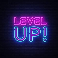 Level Up Neon Text Vector. Level Up neon sign, design template, modern trend design, night neon signboard, night bright advertising, light banner, light art. Vector illustration