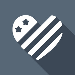 simple USA flag icon. Heart shape. White flat icon with long sha