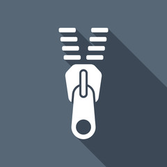 Zipper tool icon, Open state. White flat icon with long shadow o