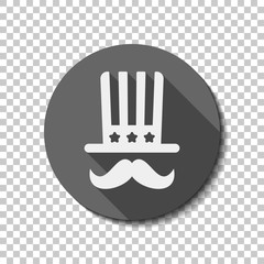 4 july, independence day. hat and mustache icon. flat icon, long shadow, circle, transparent grid. Badge or sticker style