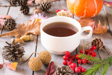 Obraz na płótnie Canvas Cup of tea, autumn leaves, berries, cones, pumpkin