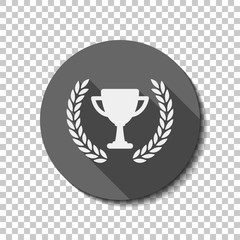 Champions cup with laurel wreath. Simple icon. flat icon, long shadow, circle, transparent grid. Badge or sticker style
