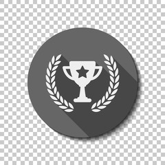 Fototapeta premium Champions cup with laurel wreath and star. Simple icon. flat icon, long shadow, circle, transparent grid. Badge or sticker style