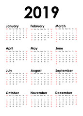 Vertical Calendar for 2019 Year isolated white background. Week starts Sunday. Vector design template.