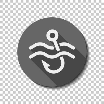Fishing hook and water. Simple icon. flat icon, long shadow, circle, transparent grid. Badge or sticker style