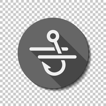 Fishing hook and water. Simple icon. flat icon, long shadow, circle, transparent grid. Badge or sticker style