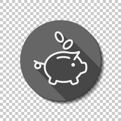 Piggy bank, dollar coins. Business icon. flat icon, long shadow, circle, transparent grid. Badge or sticker style