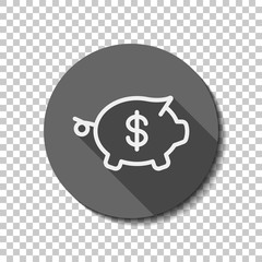 Piggy bank with dollar symbol. Business icon. flat icon, long shadow, circle, transparent grid. Badge or sticker style
