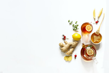 Hot drink, tea with ginger, lemon, honey