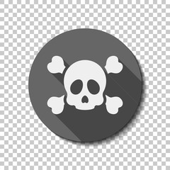 Skull and crossed bones. Simple icon. flat icon, long shadow, circle, transparent grid. Badge or sticker style