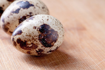 Obraz premium Macro of spotted quail eggs on wooden plate, image with copyspace