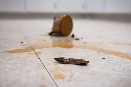 Shattered Clay Coffee Mug on Kitchen Floor