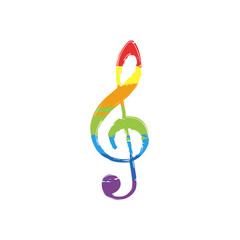 Simple icon of treble key. Drawing sign with LGBT style, seven colors of rainbow (red, orange, yellow, green, blue, indigo, violet