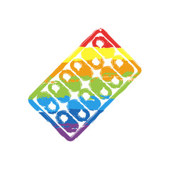 Pack Pills Icon. Drawing sign with LGBT style, seven colors of rainbow (red, orange, yellow, green, blue, indigo, violet