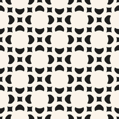 Vector geometric floral seamless pattern. Abstract minimal black and white ornament texture. Elegant monochrome background with flower shapes, circles, squares, repeat tiles. Design for prints, decor