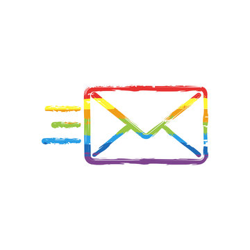 send mail icon. sms line. Drawing sign with LGBT style, seven colors of rainbow (red, orange, yellow, green, blue, indigo, violet