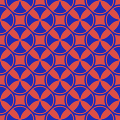 Simple vector geometric seamless pattern with crosses, circles, squares. Colorful funky style texture. Trendy bright colors, red and navy blue. Retro 80-90's fashion background. Repeatable design