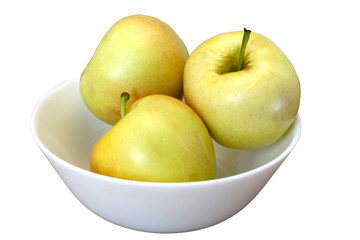 green apples in a bowl isolated on white background