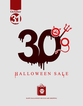 Halloween Sale. Vector template banner of holiday sale. Black stains drawn figures 30%. The devil's forks and horns feature in the form of a percent sign. 

