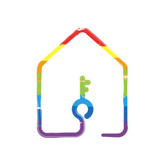 house with key icon. line style. Drawing sign with LGBT style, seven colors of rainbow (red, orange, yellow, green, blue, indigo, violet