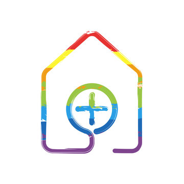 house with medical cross icon. line style. Drawing sign with LGBT style, seven colors of rainbow (red, orange, yellow, green, blue, indigo, violet