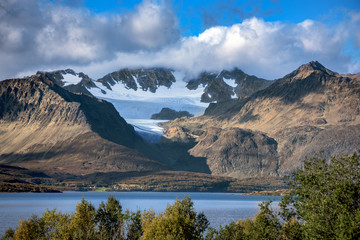 View of Lyngen Alps near the Tromso with Strupbreen glacier - tourist attraction