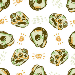 Weird doodle monster character. Skull head seamless pattern. Print design vector.